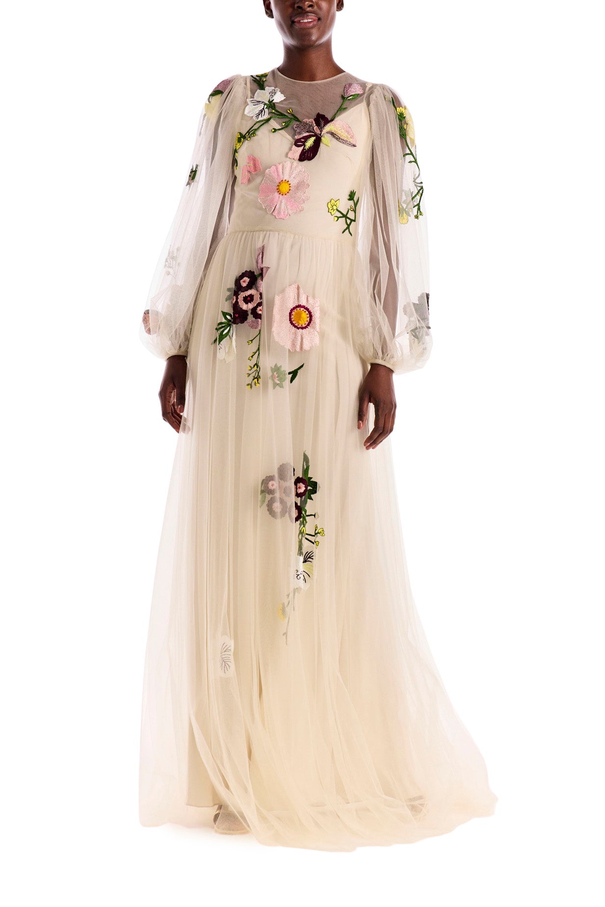 Jewel Neck Puffed Sleeve Embroidered Tulle Gown – Monique Lhuillier