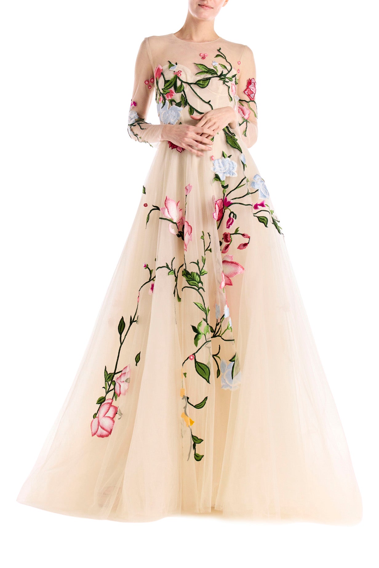 Embroidered Tulle Long Sleeve Gown