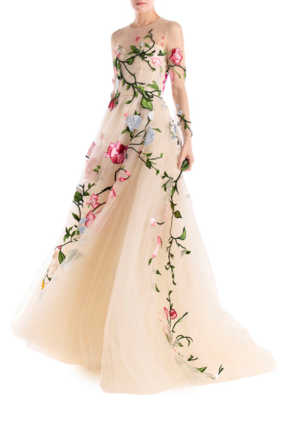 Embroidered Tulle Long Sleeve Gown