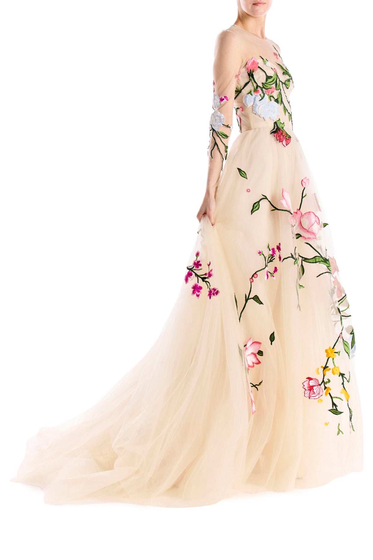 Embroidered Tulle Long Sleeve Gown