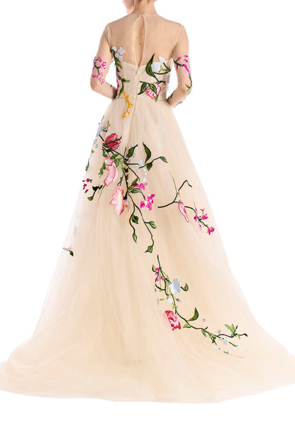 Embroidered Tulle Long Sleeve Gown