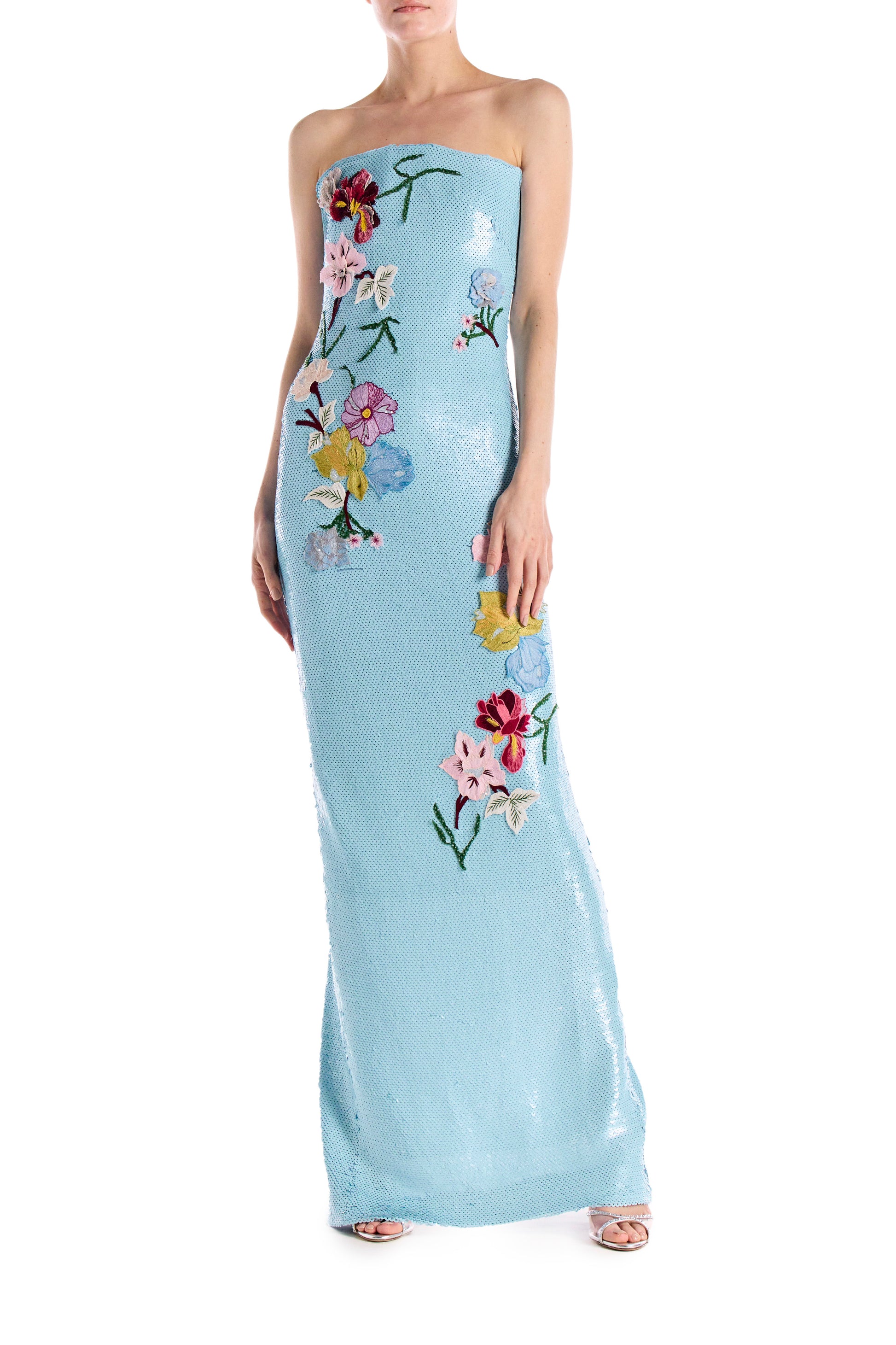 Strapless Embroidered Sequin Column Gown