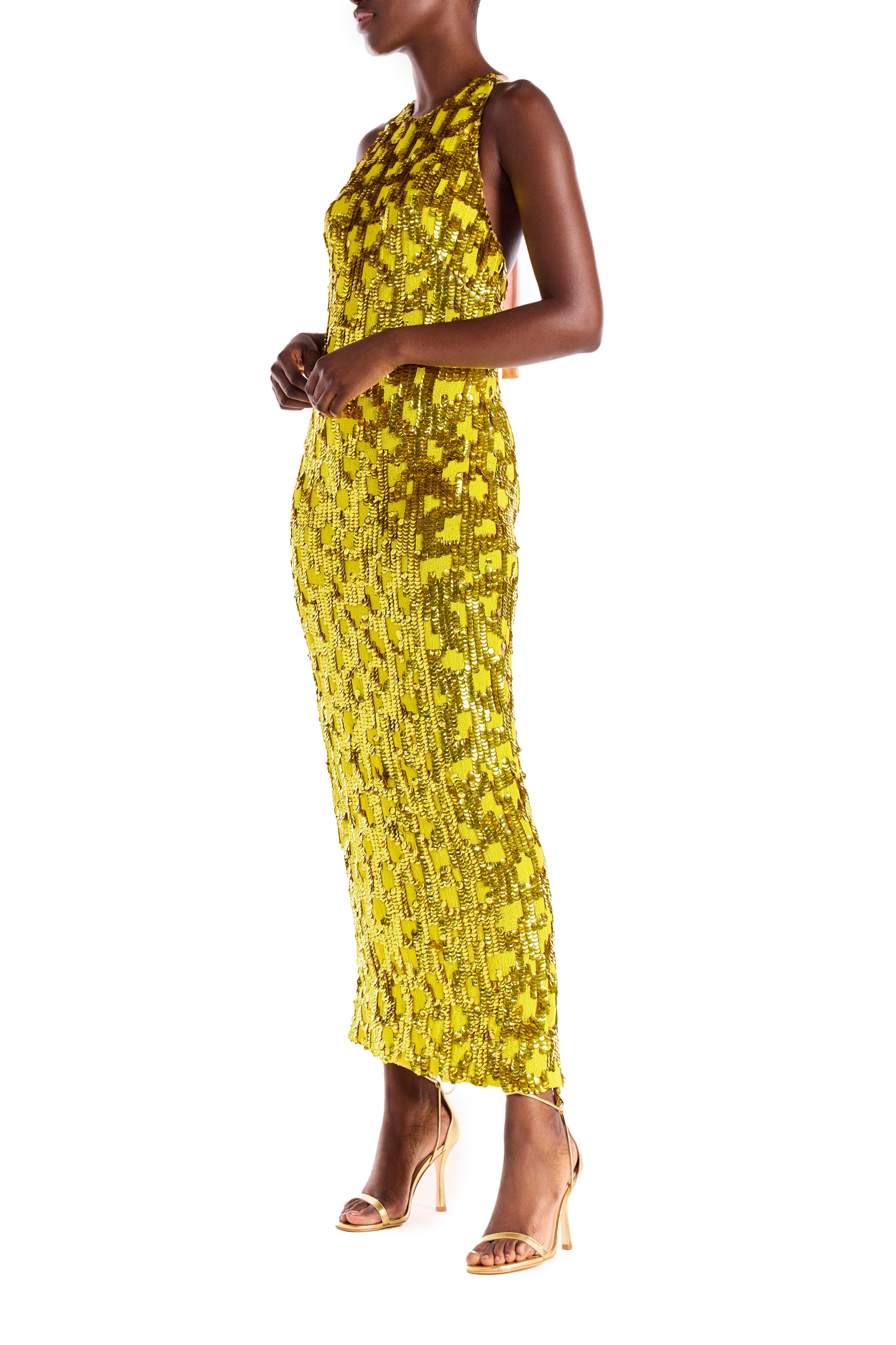 Gold and yellow sequin embroidered dress with pink crepe-back satin tie at the back.