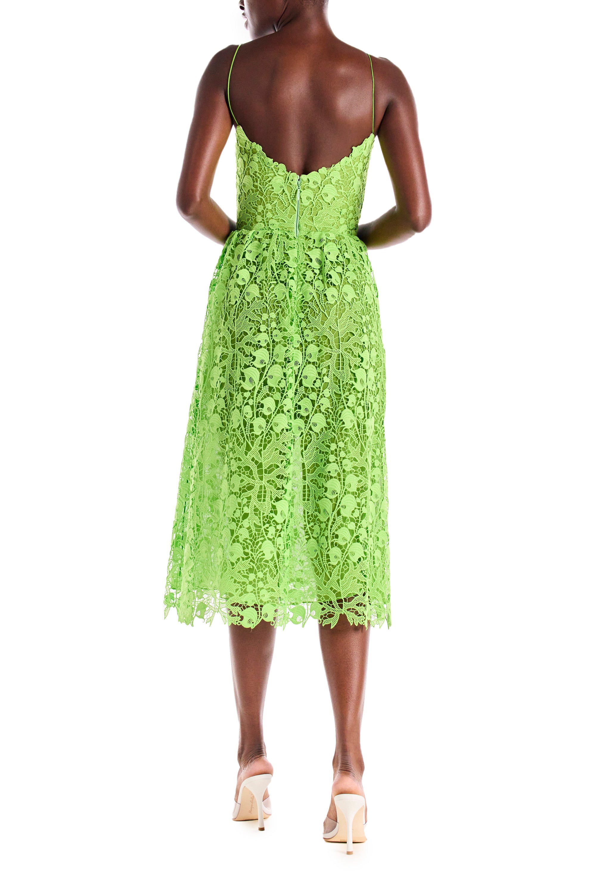 Lime green lace dress with spaghetti straps and midi length.