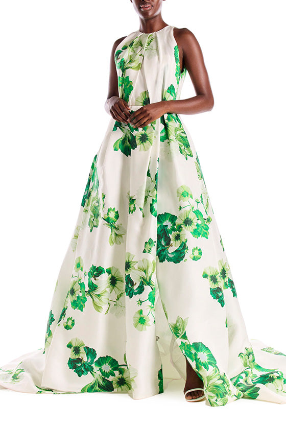 Silk white gown with green floral print.  Jewel neckline and keyhole back.