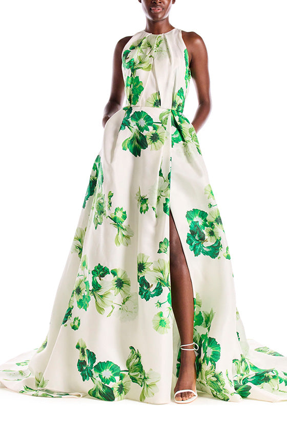 Silk white gown with green floral print.  Jewel neckline and keyhole back.