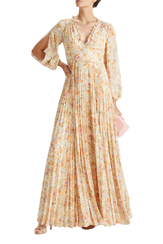 V-Neck Pleated Garden Print Gown