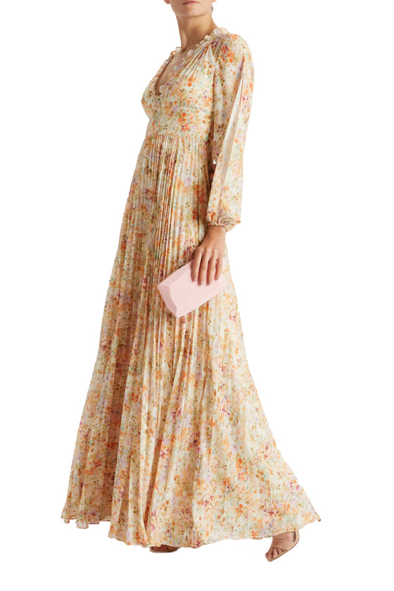 V-Neck Pleated Garden Print Gown