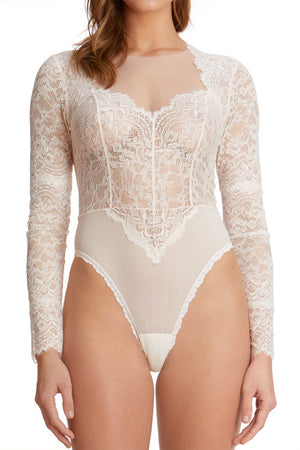 STRETCH LACE LINED LONG SLEEVE THONG BODYSUIT