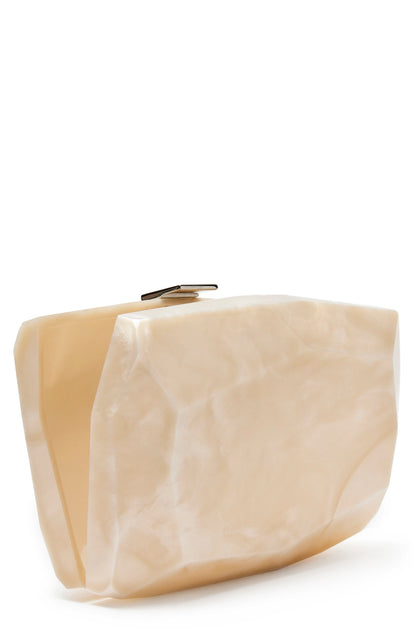 Lucite faceted minaudière with silver metal clasp at top in Pearl- open