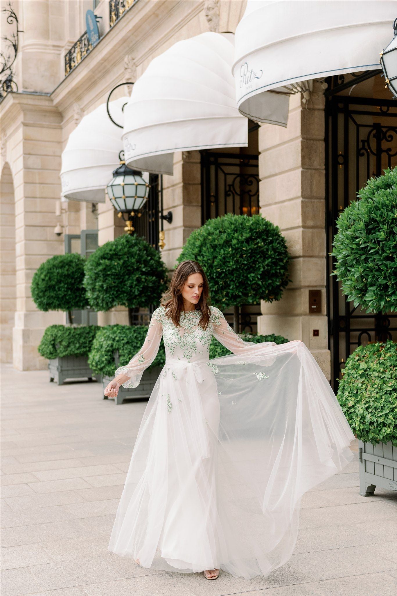 Monique Lhuillier Jewel Neck Puff Sleeve Embroidered Tulle Gown