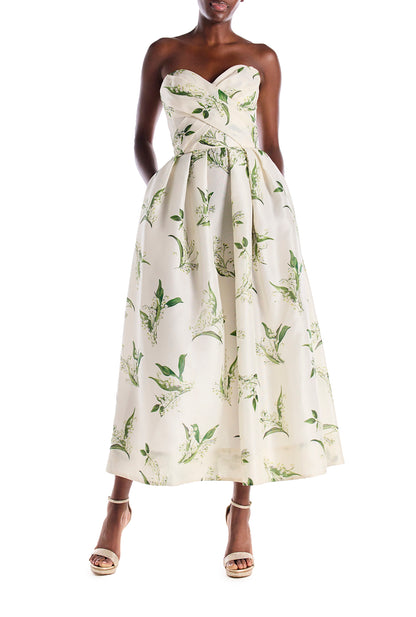 Monique Lhuillier "Florette Dress" - Strapless, tea-length dress with sweetheart neckline, full skirt and pockets in Silk White and Leaf floral printed organza - front.