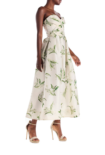 Monique Lhuillier "Florette Dress" - Strapless, tea-length dress with sweetheart neckline, full skirt and pockets in Silk White and Leaf floral printed organza - right side.