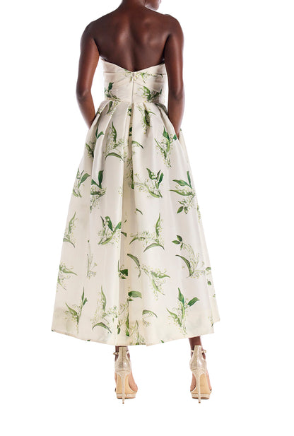 Monique Lhuillier "Florette Dress" - Strapless, tea-length dress with sweetheart neckline, full skirt and pockets in Silk White and Leaf floral printed organza - back.