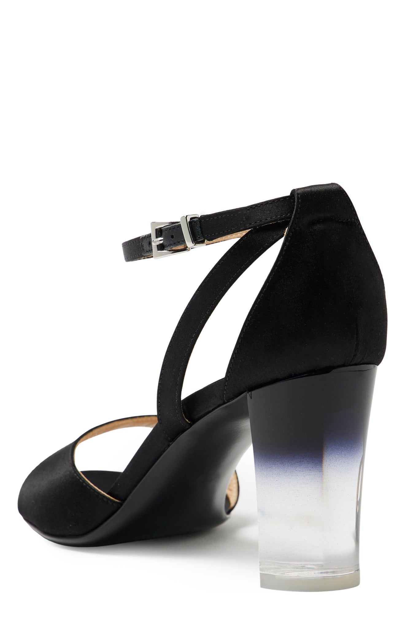 Black satin sandal with adjustable ankle strap and 80mm ombre lucite heel.