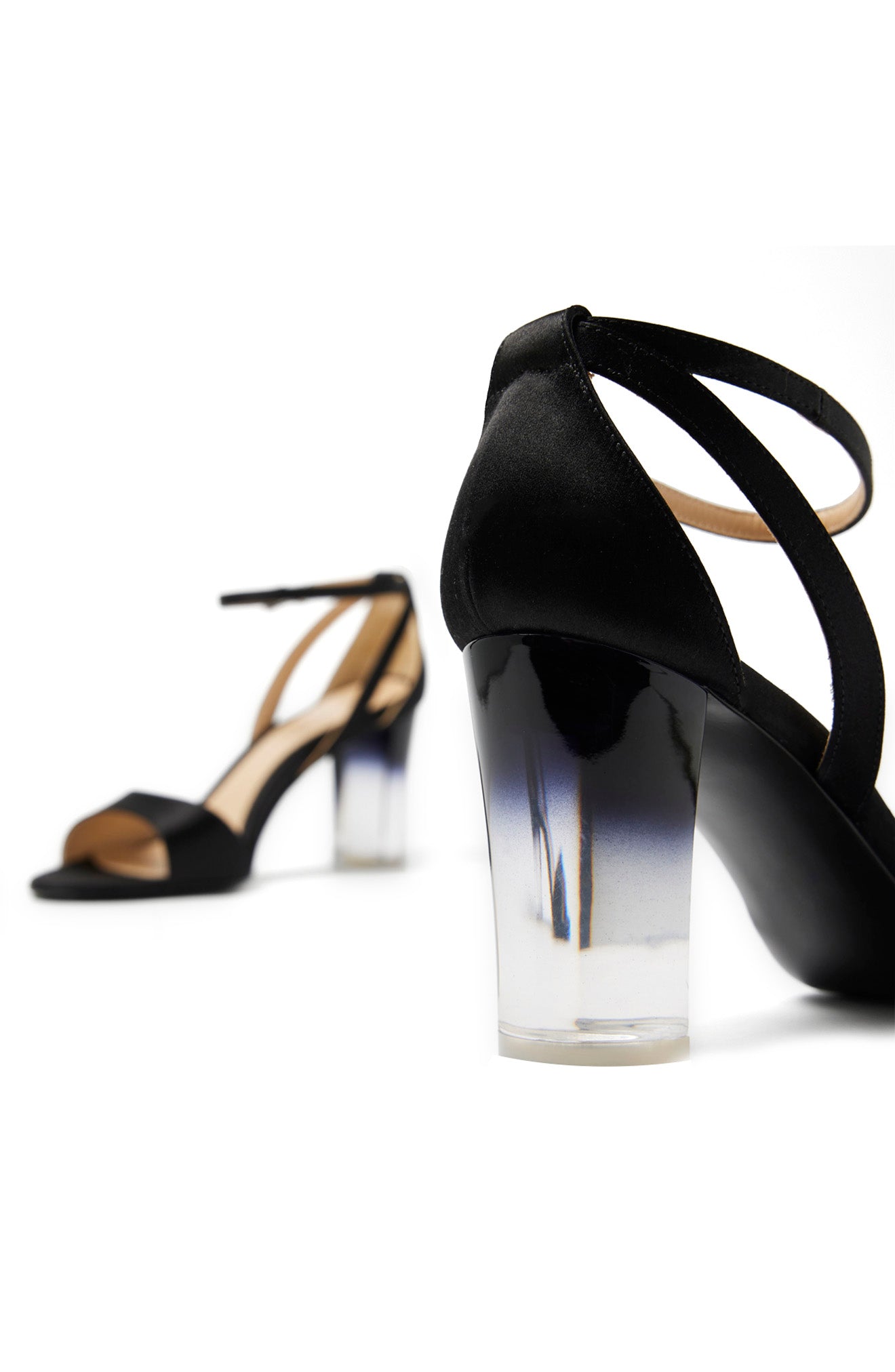 Black satin sandal with adjustable ankle strap and 80mm ombre lucite heel.
