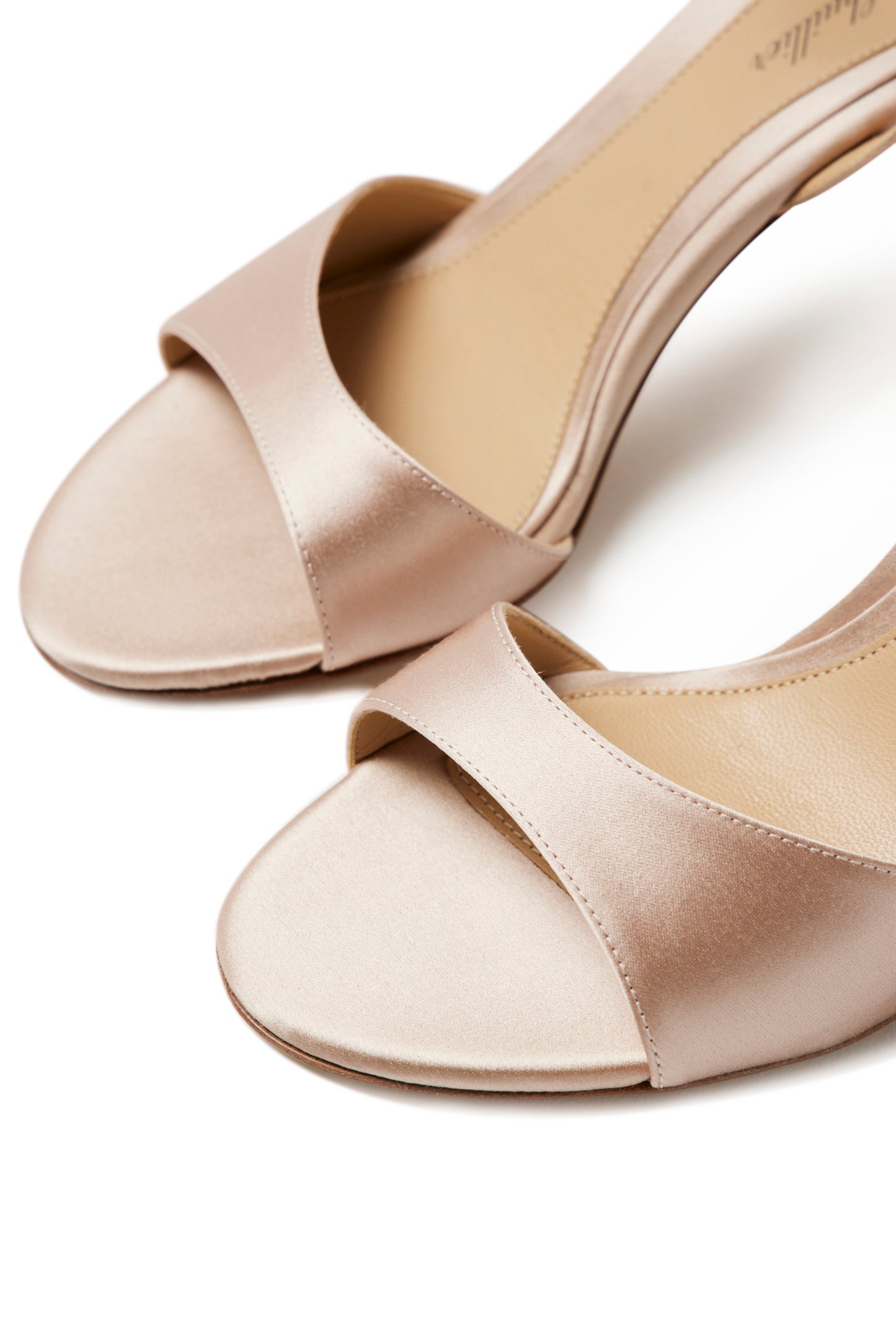 Blush satin sandal with adjustable ankle strap and 80mm ombre lucite heel.