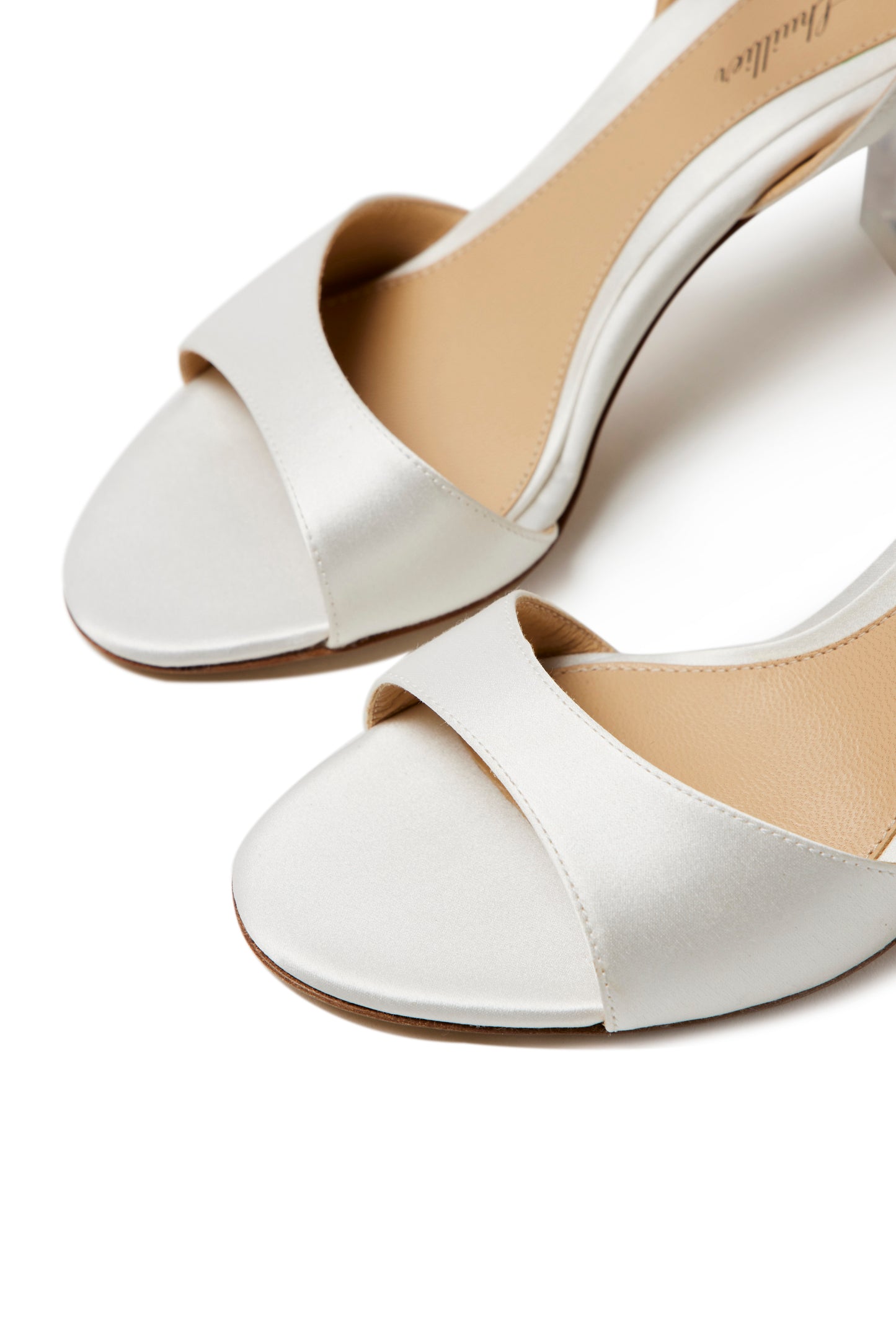 White satin sandal with adjustable ankle strap and 80mm ombre lucite heel.