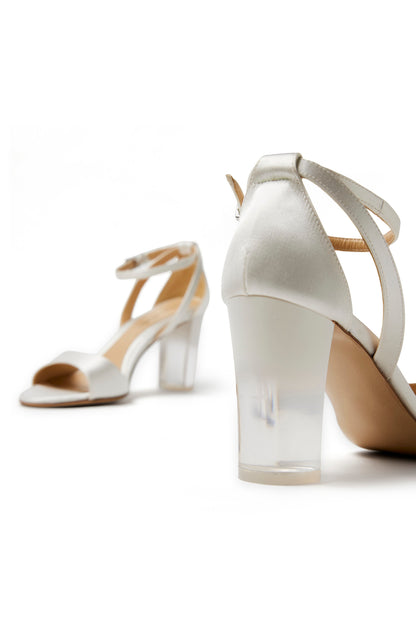 White satin sandal with adjustable ankle strap and 80mm ombre lucite heel.