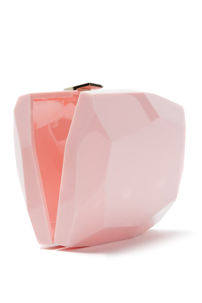 Lucite faceted minaudière with metal clasp at top in Peony Pink- open