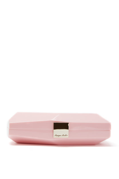 Lucite faceted minaudière with metal clasp at top in Peony Pink- flat