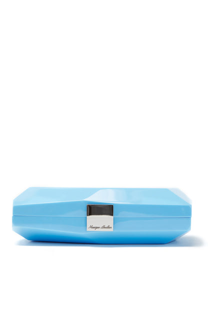 Lucite faceted minaudière with metal clasp at top in Sky Blue- flat