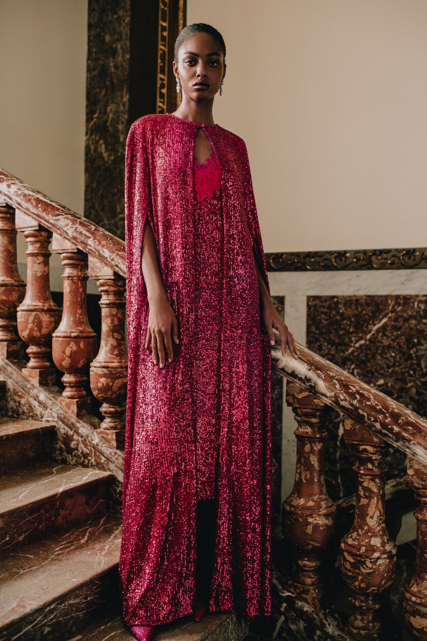 Monique Lhuillier Sequin Floor Length Evening Cape