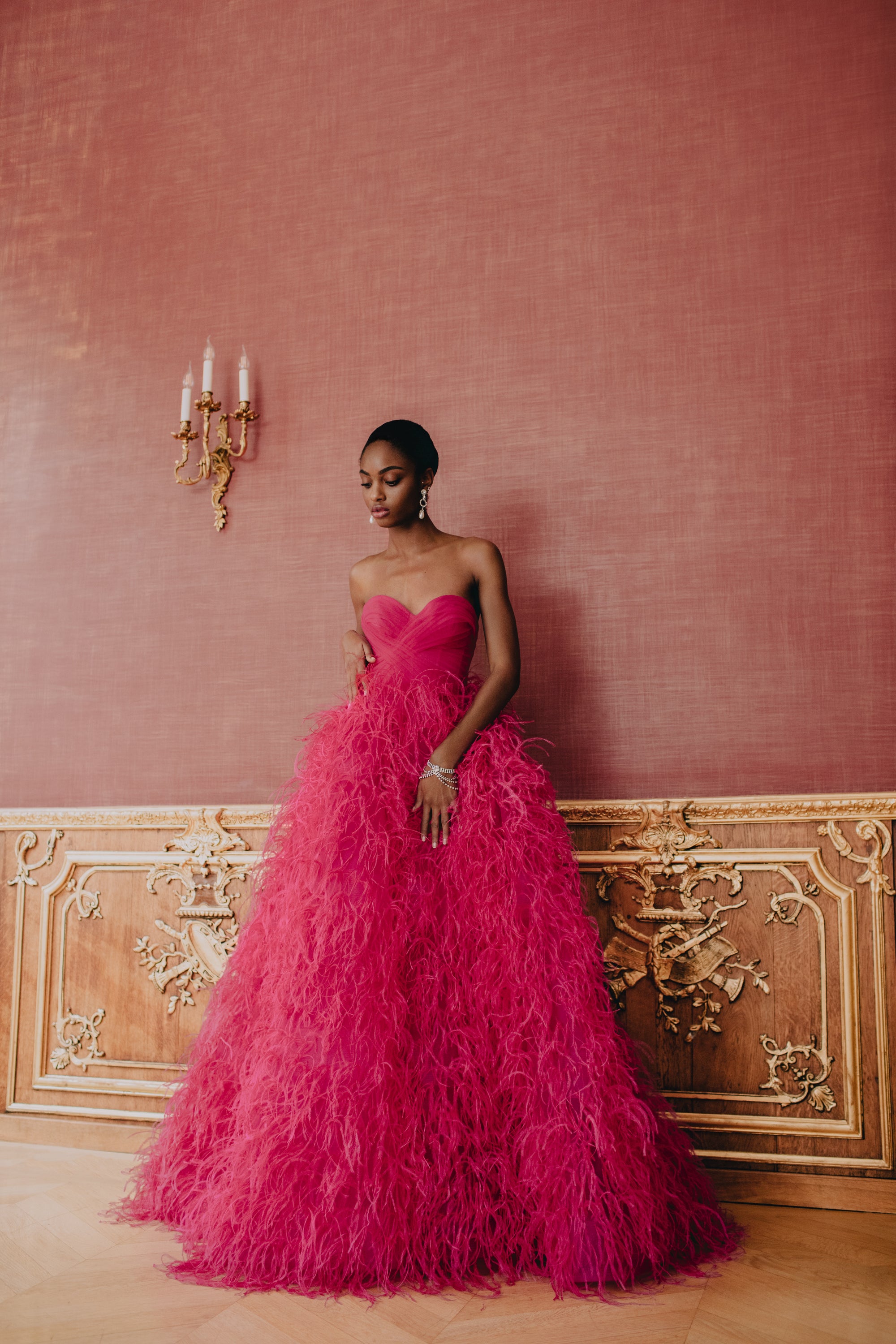 Monique Lhuillier Strapless Draped Feather Ball Gown
