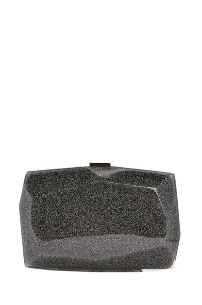 Lucite faceted minaudière with silver metal clasp at top in Noir confetti glitter- front