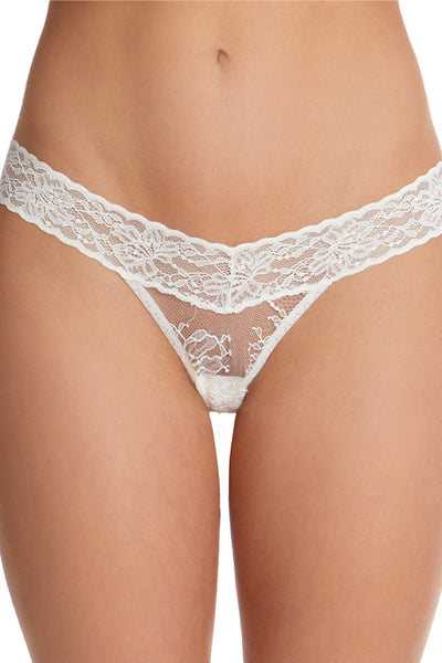 Low Rise All-Over White Floral Lace With Bow & Pink Trim Thong - Knickers